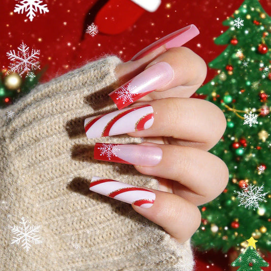 Festive Candy Cane Long Square Red and White Snowflake Design Press on Nail Set