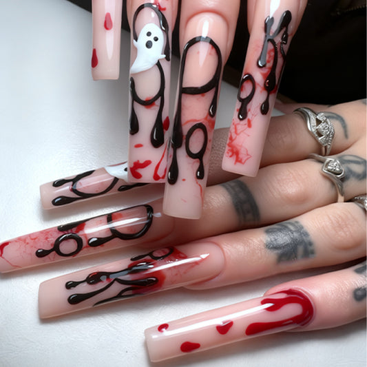 Hauntingly Chic Long Square Pink Nails with Creepy Blood Drip Design