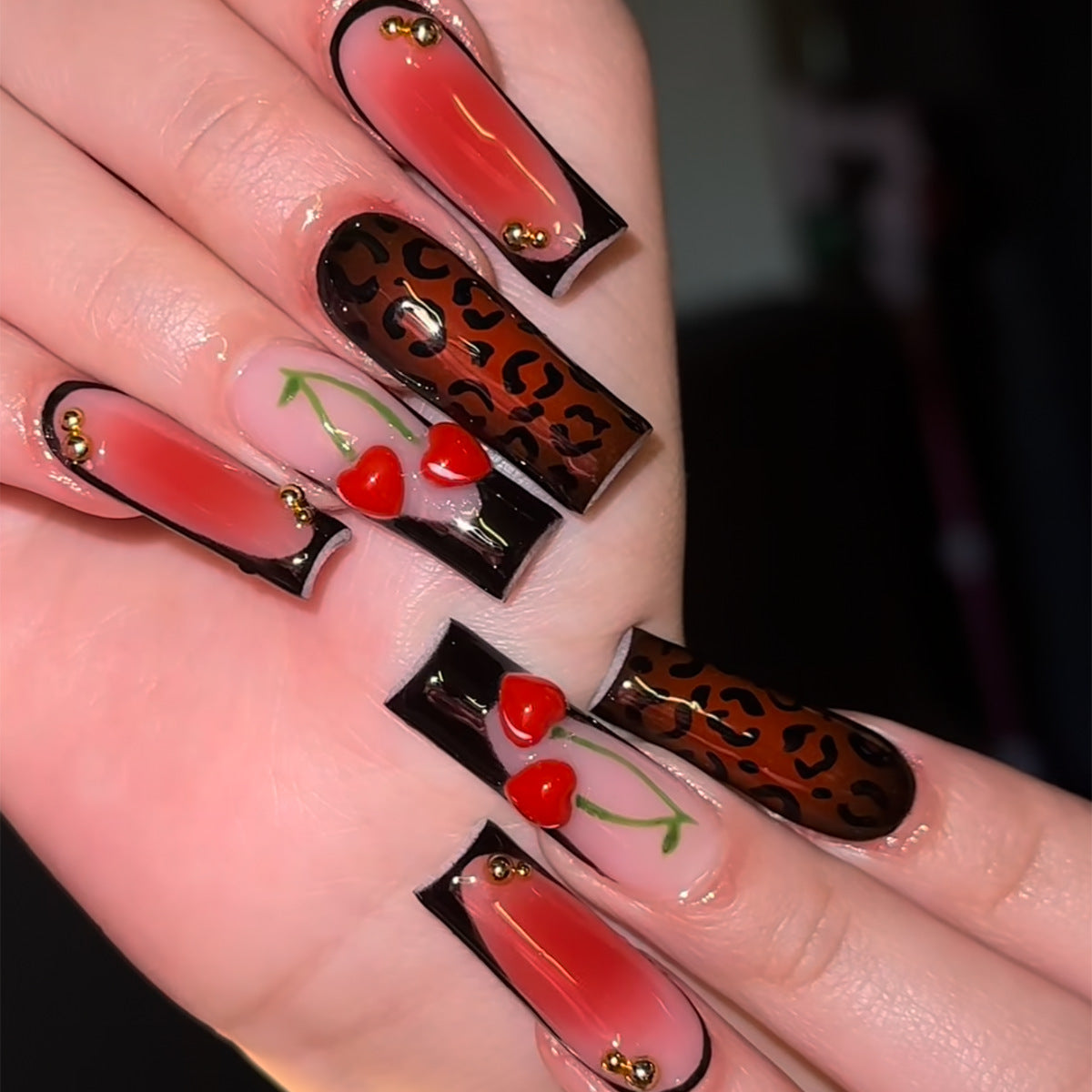 Wild Safari Glamorous Long Square Red and Black Leopard Print Press on Nail Set with Charming Heart and Gold Accent Details