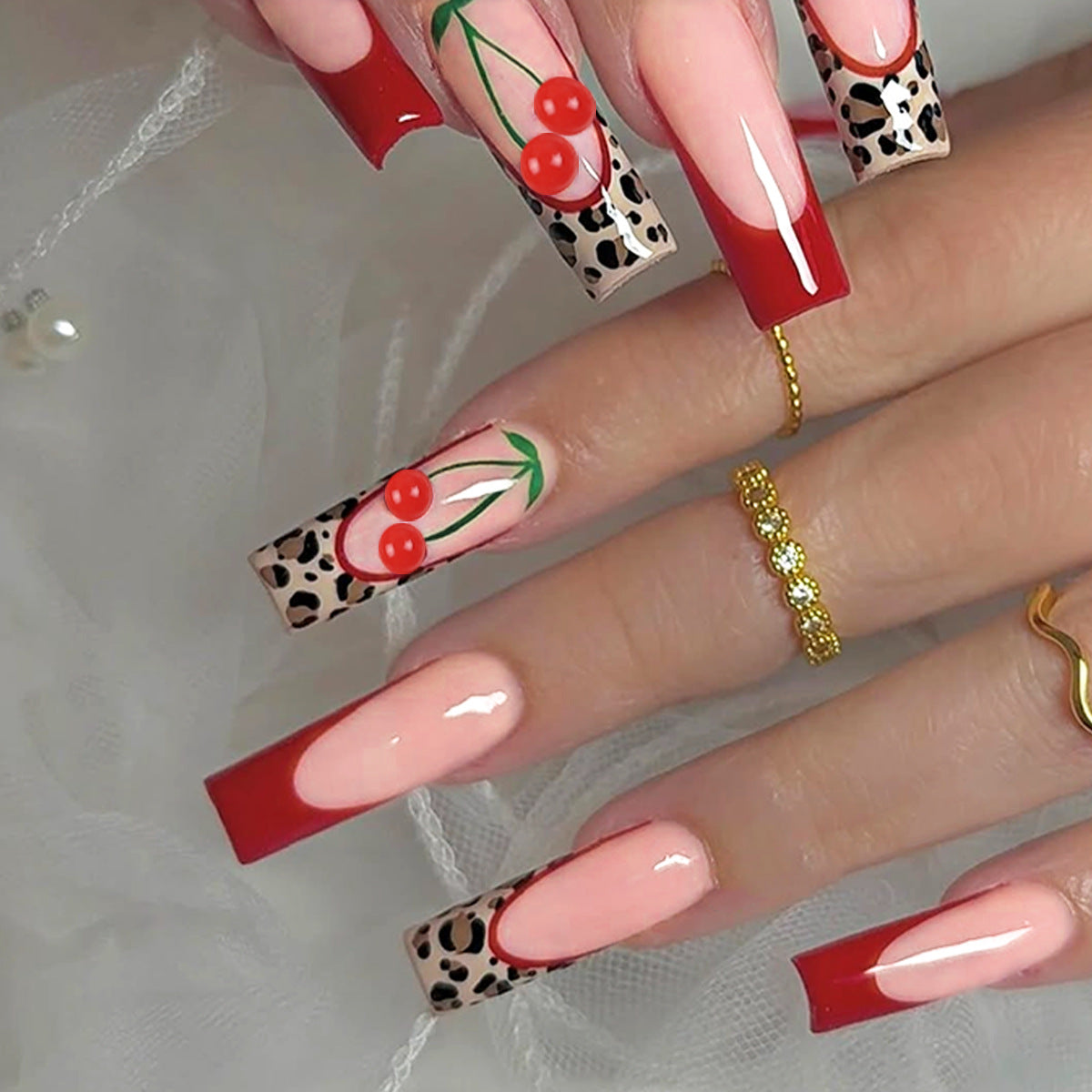 Cherry Blossom Vibes Long Square Red and Pink Color Block Press On Nail Set with Trendy Leopard Print Accents
