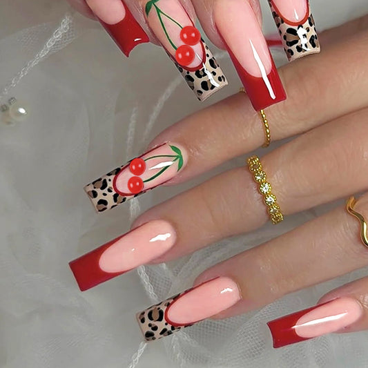Cherry Blossom Vibes Long Square Red and Pink Color Block Press On Nail Set with Trendy Leopard Print Accents