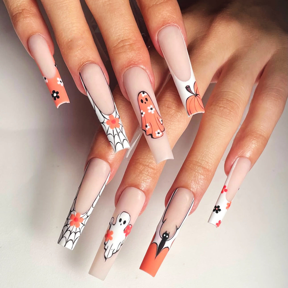 Spooky Elegance Long Square Peach and White with Ghost and Pumpkin Designs Press On Nail Set