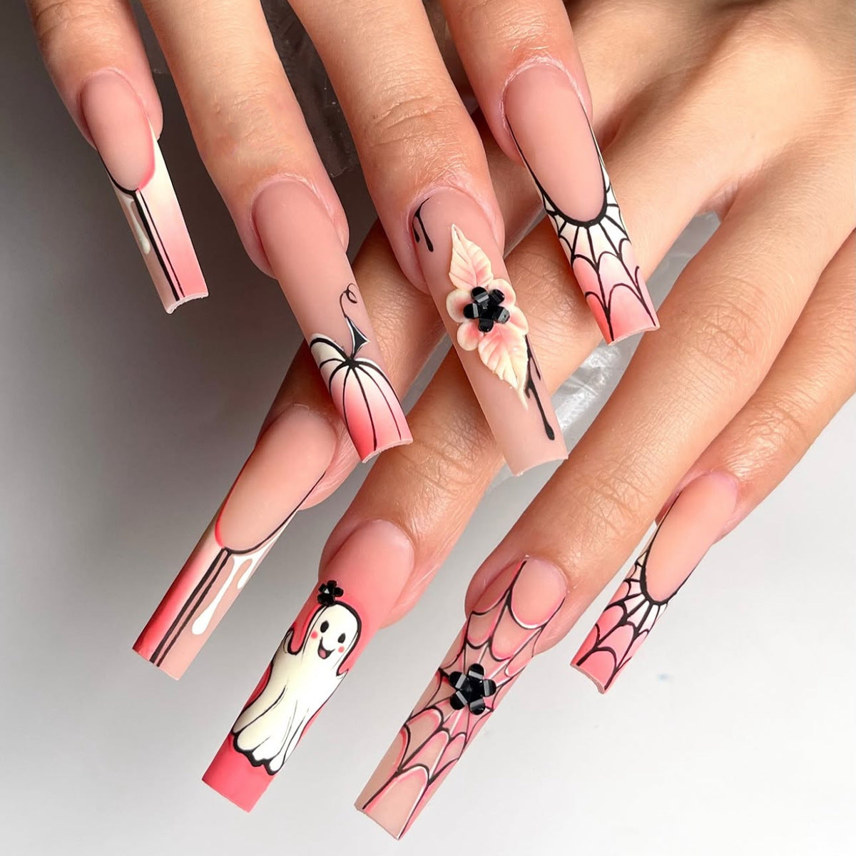 Spooky Charm Long Square Pink Press On Nail Set with Intricate Halloween Designs