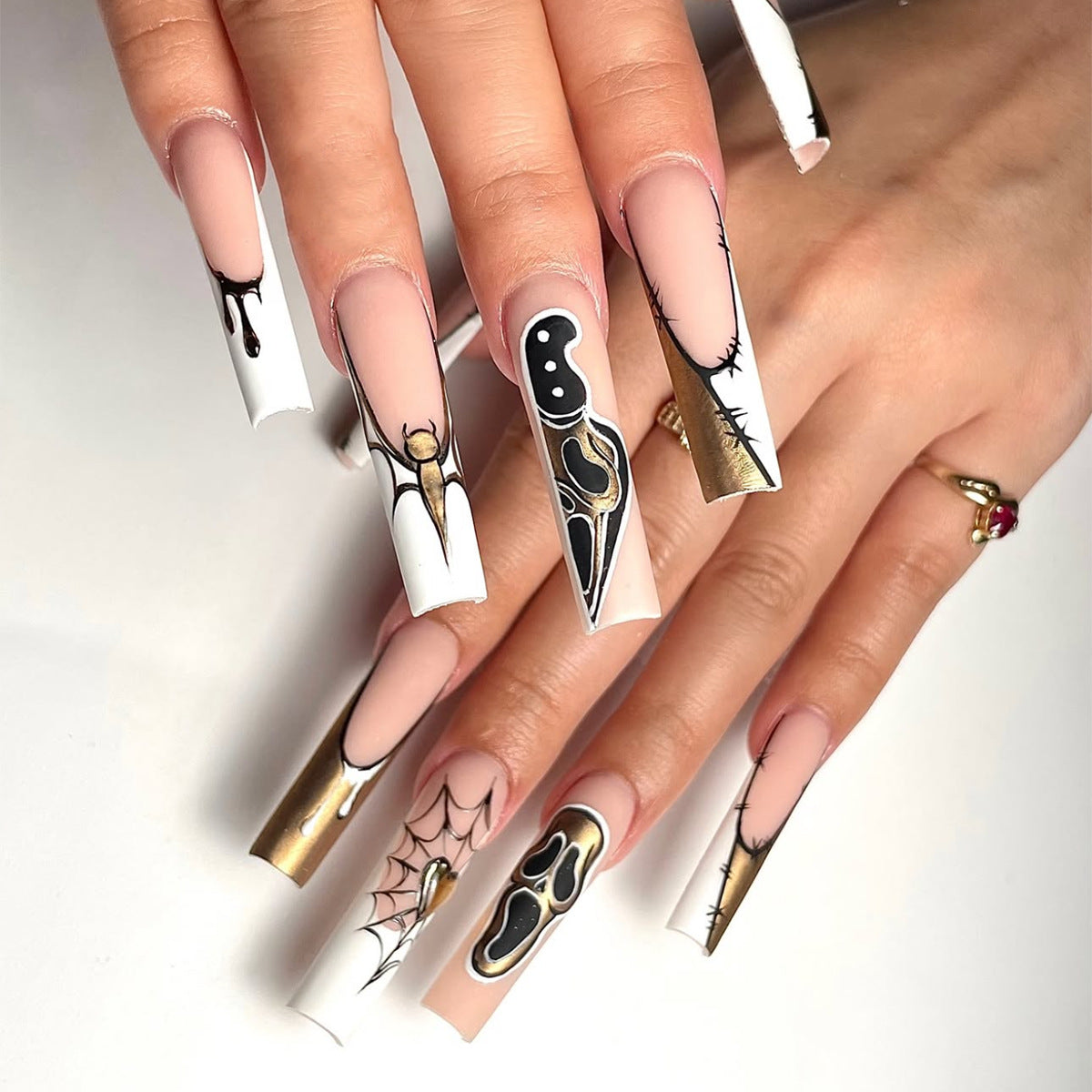 Spooky Elegance Long Square Shaped Black and White Gradient with Intricate Halloween Designs Press On Nail Set