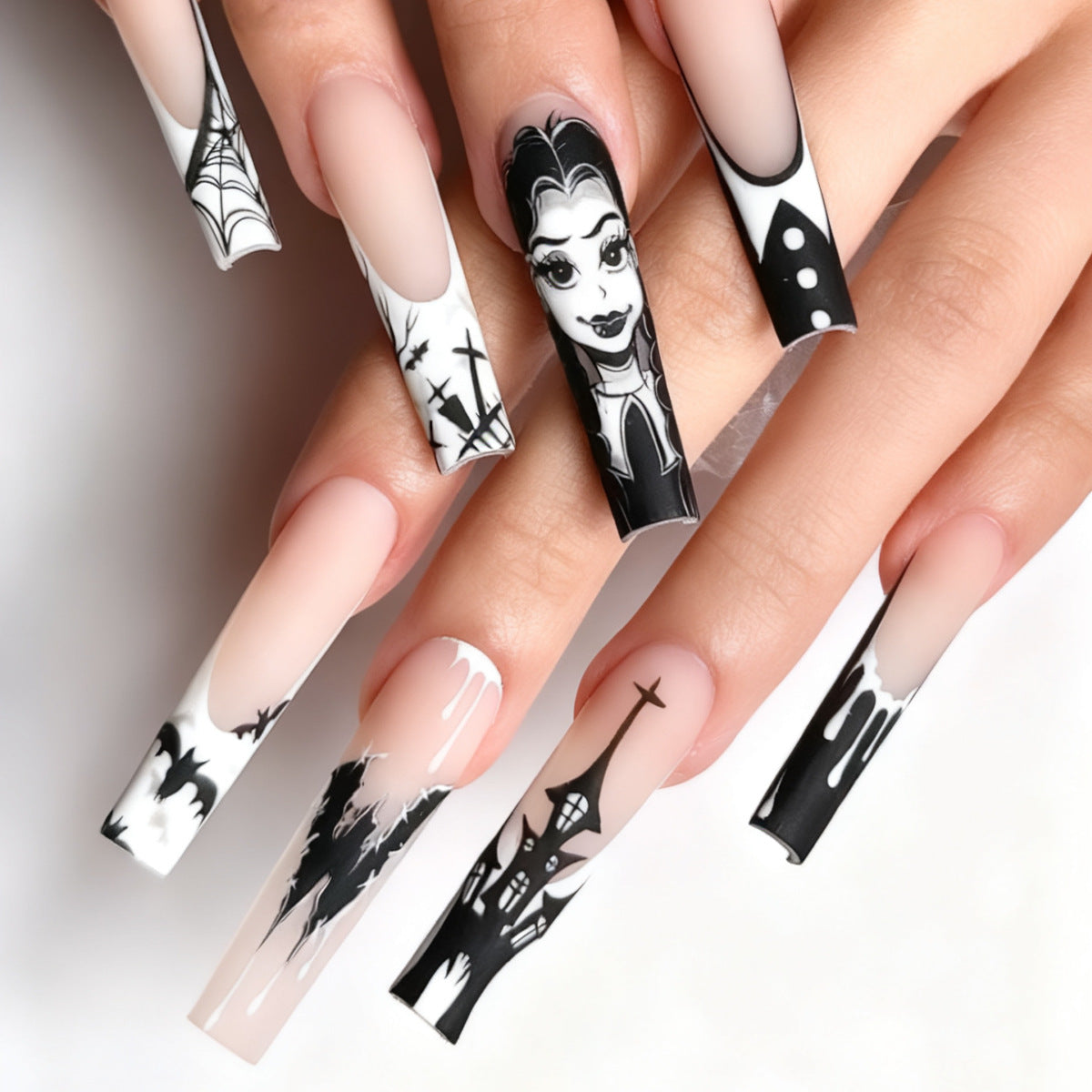 Spooky Elegance Long Square Black and White Press on Nail Set with Unique Gothic Artwork