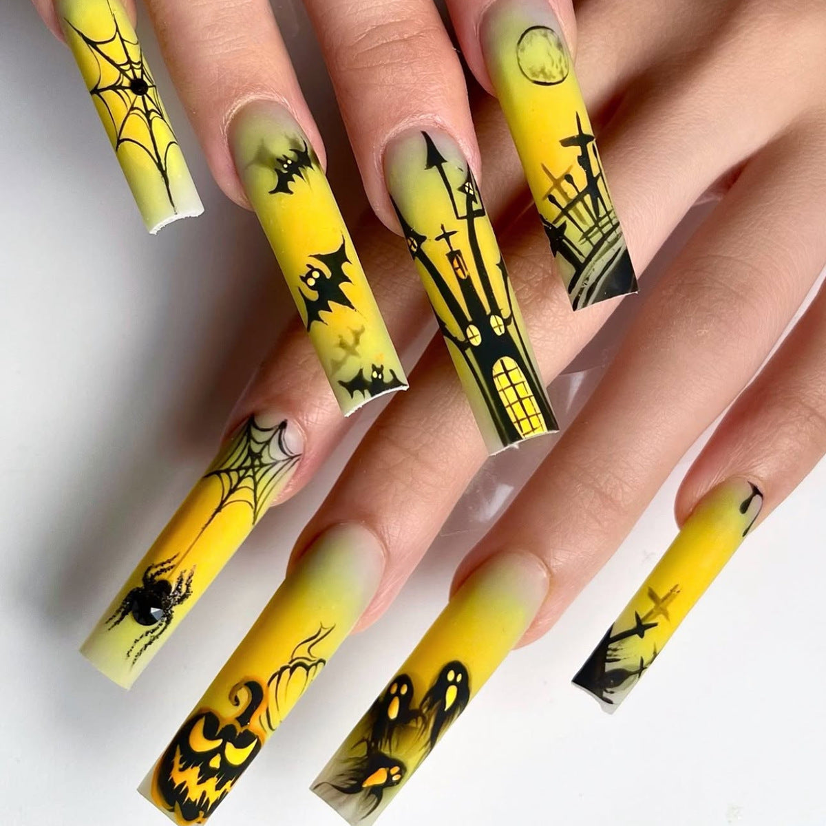 Spooky Halloween Long Square Yellow Press On Nail Set with Haunted Design Elements