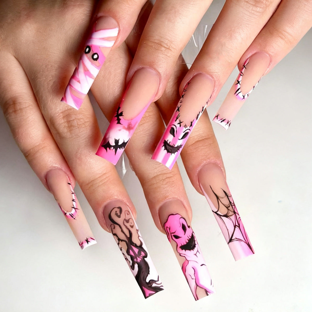 Spooky Delights Extra Long Square Pink Ghost and Gothic Pattern Press On Nail Set
