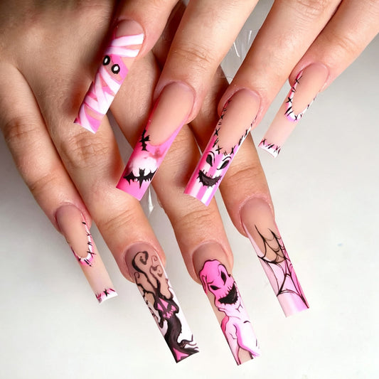 Spooky Delights Extra Long Square Pink Ghost and Gothic Pattern Press On Nail Set