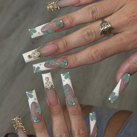 Glamorous Elegance Long Square Mint Green Floral Press On Nail Set with Glittering Gems