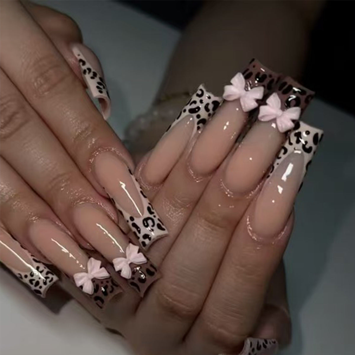 Wild Safari Long Square Beige with Animal Print and Decorative Bow Press On Nail Set