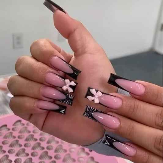 Chic Elegance Extra Long Square Pink with Black Zebra Print and Bow Accent Press On Nail Set