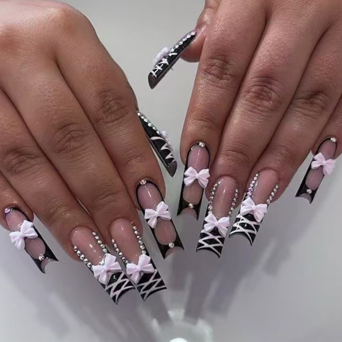 Chic Elegance Long Square Black and Clear with Decorative Bows and Rhinestones Press On Nail Set