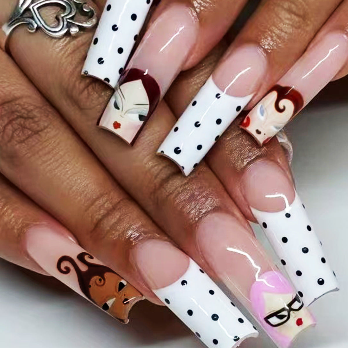 Chic Cartooned Elegance Long Square White with Polka Dots and Unique Character Designs Press On Nail Set