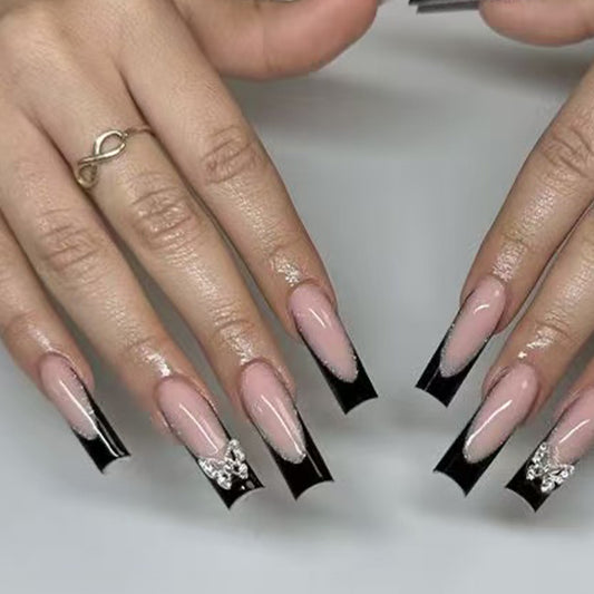 Glamorous Elegance Long Square Black and Pink Press on Nail Set with Stunning Gem Accent