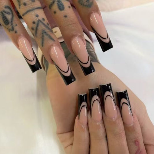 Gothic Elegance Long Square Black and Beige Press on Nail Set with Unique Swirl Design