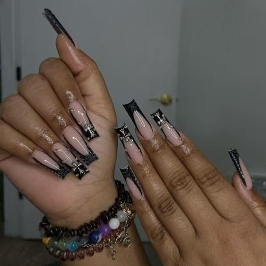 Mystical Glamour Long Square Blush Pink with Black Tip and Star Accents Press on Nail Set