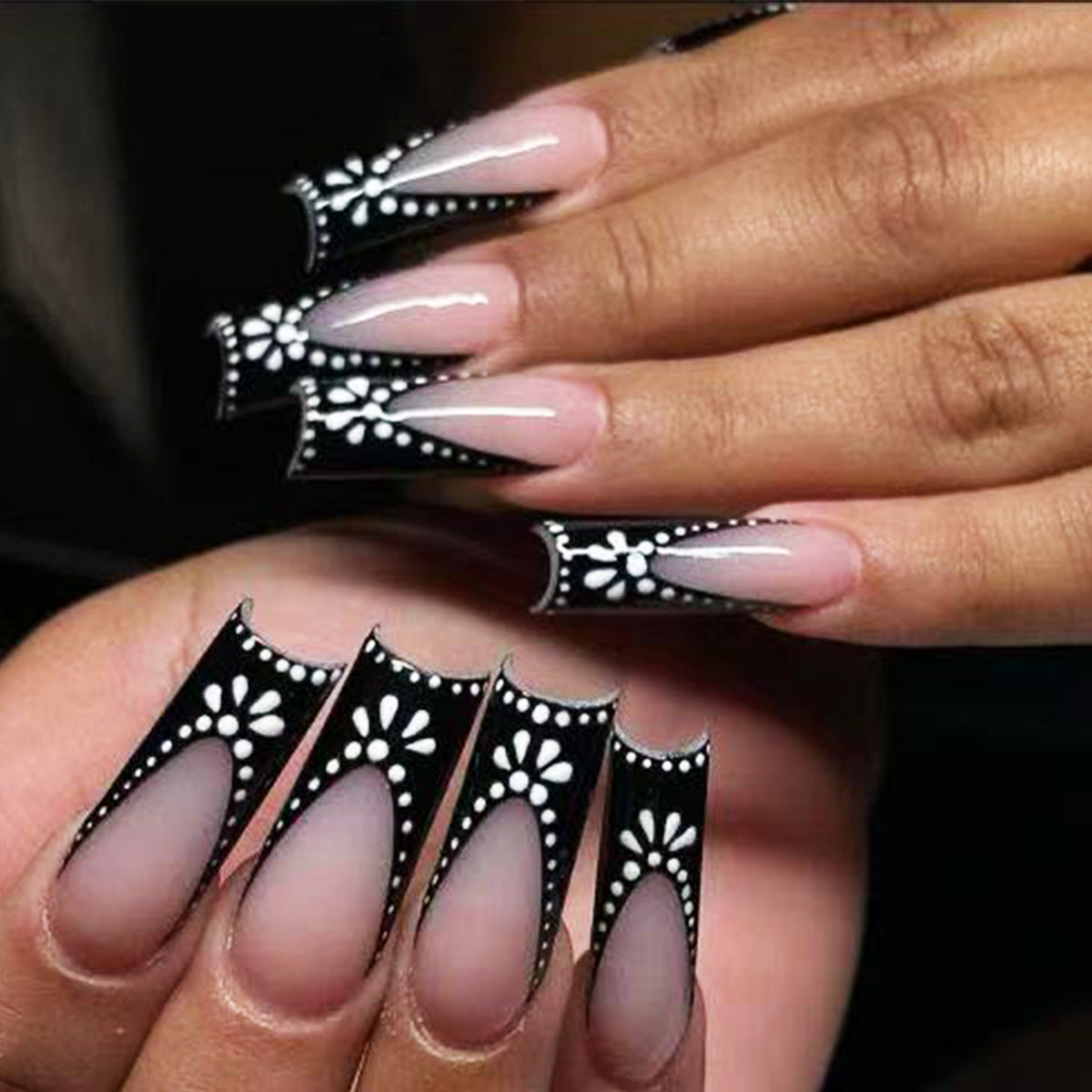 Elegant Enchantment Long Square Black and White Floral Design Press-On Nail Set with Intricate Detailing