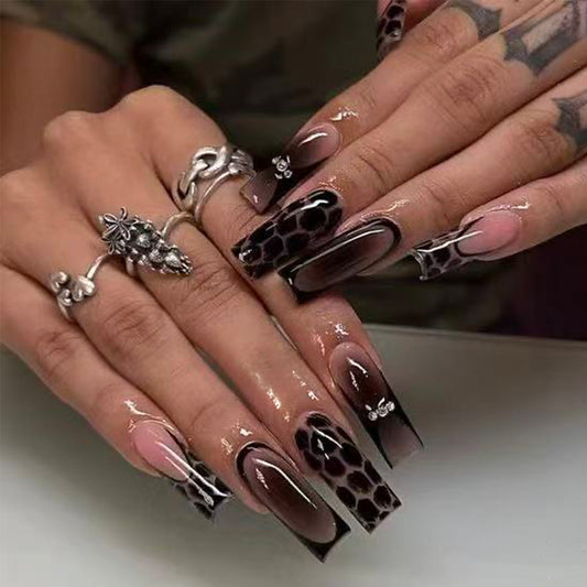 Glamorous Jungle Long Square Black and Natural Gradient with Animal Print Design Press On Nail Set
