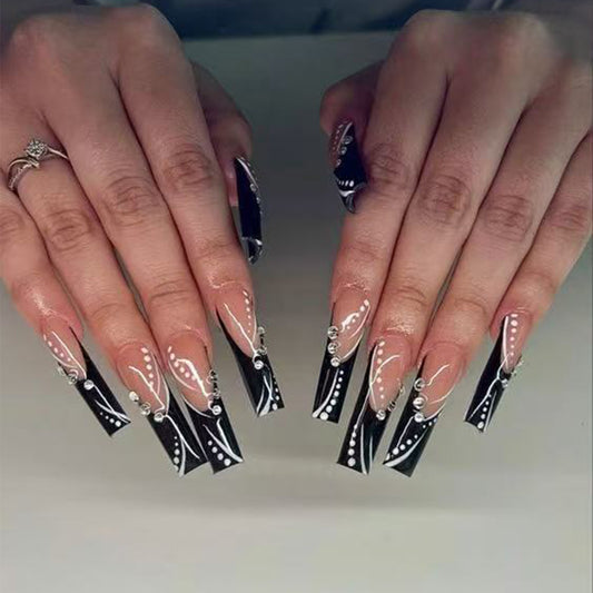 Gothic Elegance Long Square Black Nail Set with Intricate White Designs and Sparkling Accents