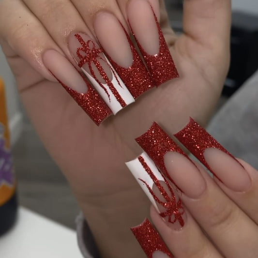 Festive Glamour Long Square Red Glitter with Intricate Gift Bow Design Press on Nail Set