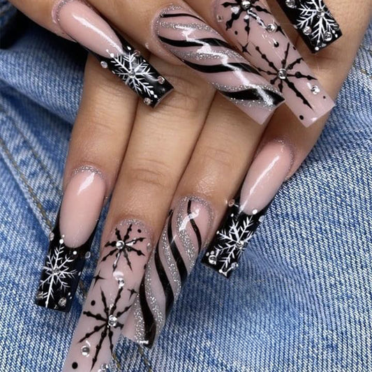 Winter Wonderland Long Extra Square Black and Clear Nails with Sparkling Snowflake Design