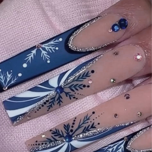 Winter Wonderland Long Square Blue and White Snowflake Press on Nail Set with Sparkling Accents