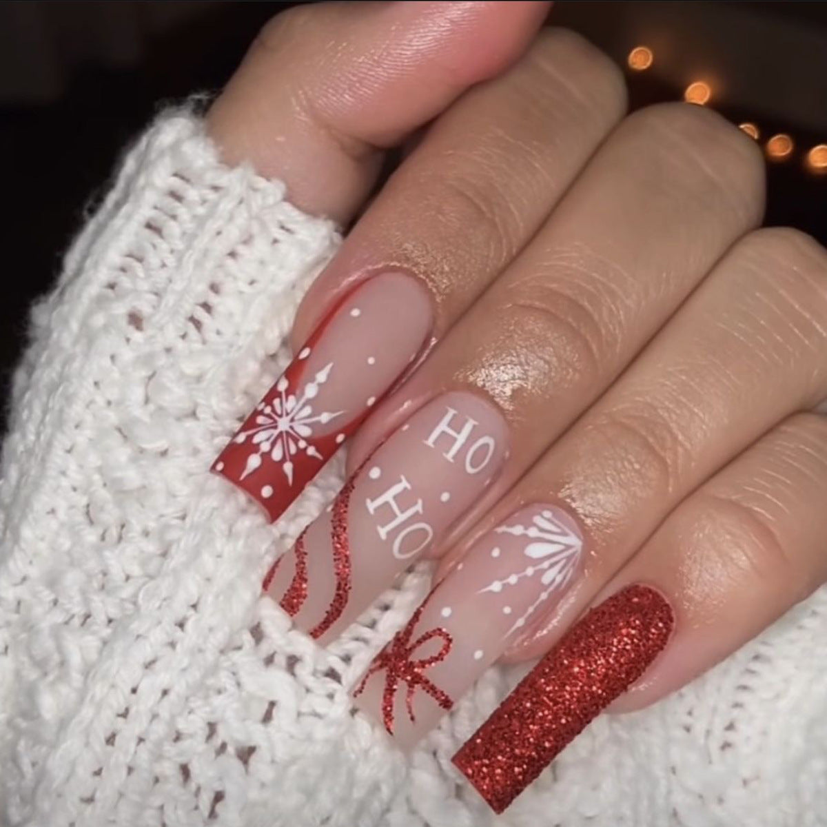 Festive Cheer Long Square Red and Clear Glittery Christmas-Themed Press-On Nail Set
