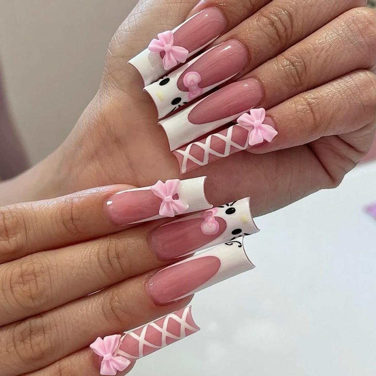Ballet-Inspired Long Square Pink and White Press On Nail Set with Cute Bow and Lattice Design