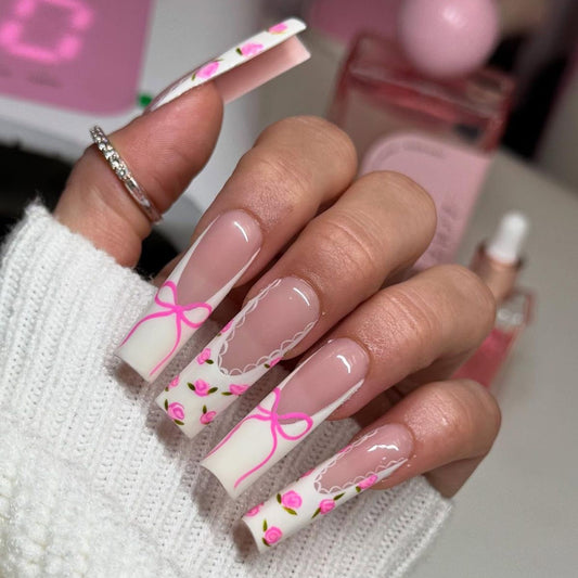 Enchanting Rose Delight Long Square Glossy White Nails with Pink Bow and Floral Accents