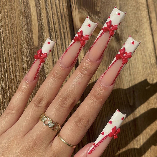 Charming Romantic Long Square White with Red Bowknot Press On Nail Set