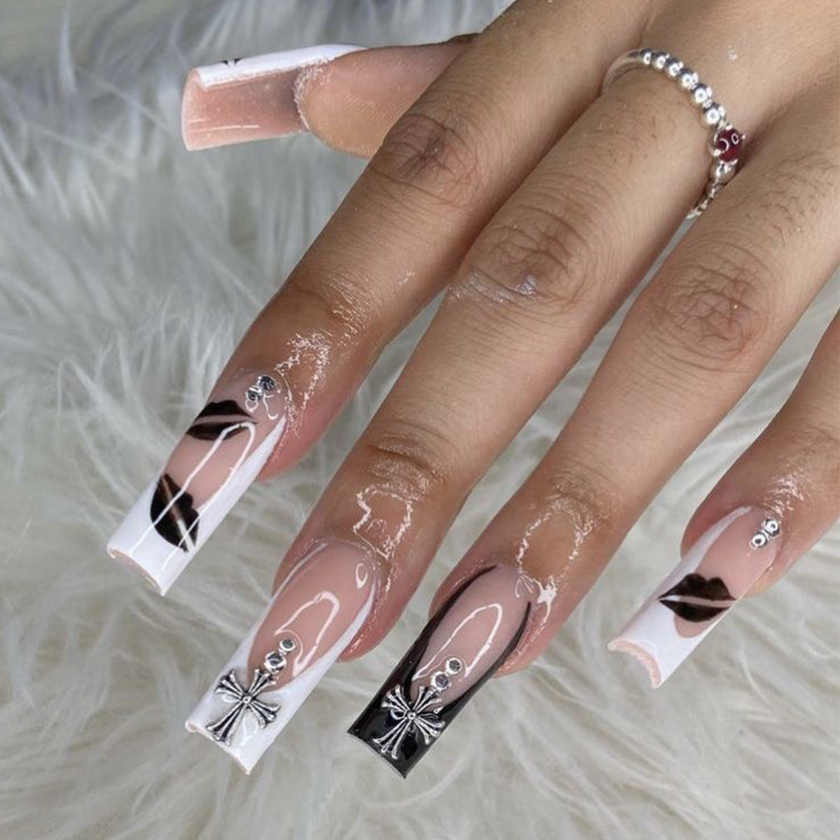 Gothic Elegance Long Square White Black and Pink Press On Nail Set with Decorative Cross and Lip Design