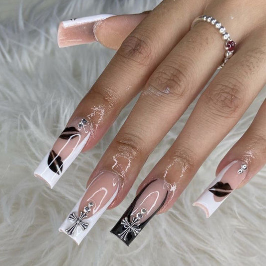 Gothic Elegance Long Square White Black and Pink Press On Nail Set with Decorative Cross and Lip Design