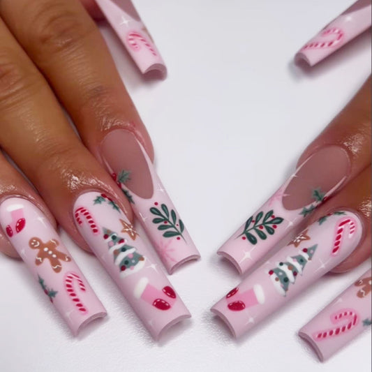 Festive Holiday Vibes Long Square Pink Press On Nail Set with Whimsical Gingerbread and Candy Cane Designs