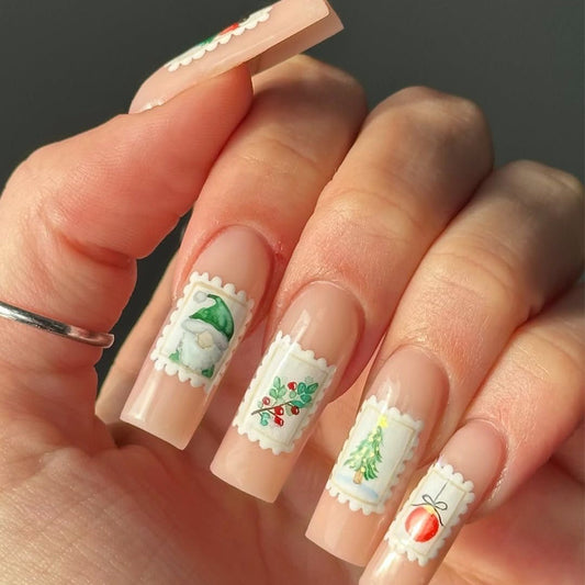 Charming Holiday Theme Long Square Beige Press On Nail Set with Festive Stamp Designs