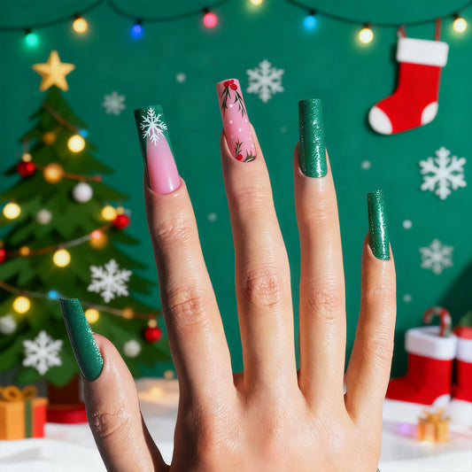 Festive Enchantment Long Square Green and Pink Sparkling Holiday Nail Set with Whimsical Designs