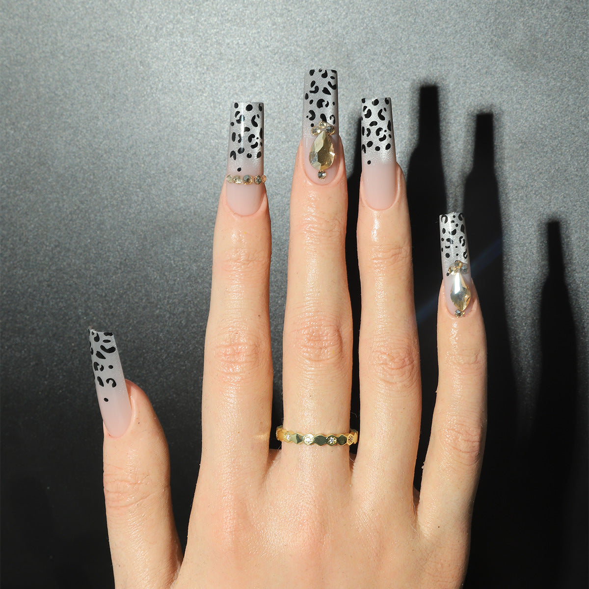 Wild Safari Chic Long Square Gradient Gray Nail Set with Leopard Print and Gem Accents