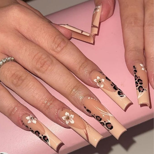 Luxe Safari Long Square Beige with Floral and Leopard Design Press On Nail Set