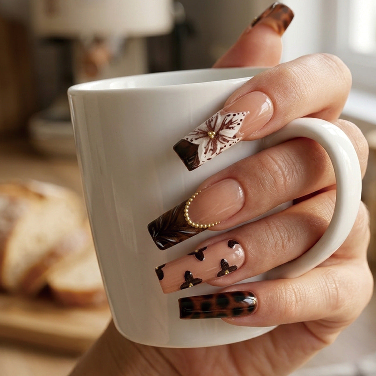 Autumn Elegance Long Square Brown Marble Press On Nail Set with Floral Accent