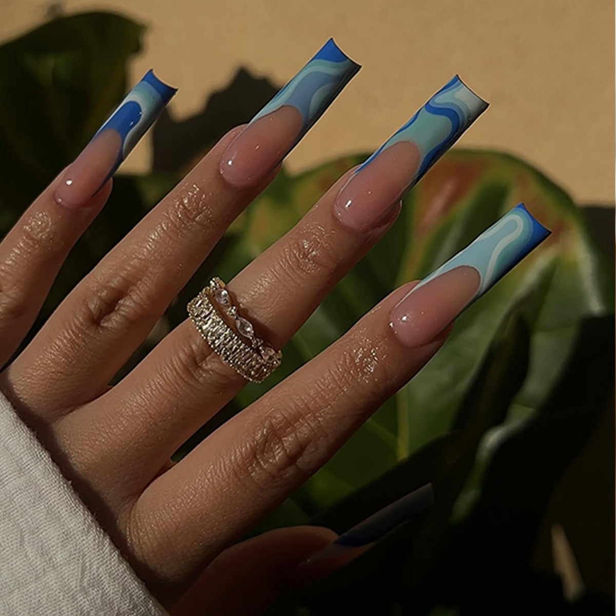 Ocean Breeze Long Square Blue Marble Press-On Nail Set with Glossy Finish