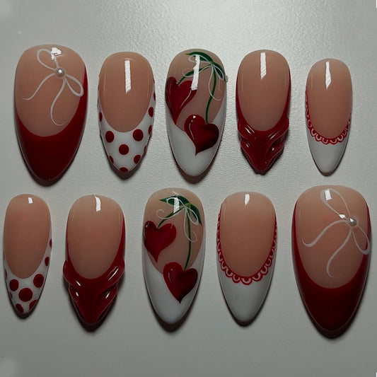 Romantic Heart Theme Long Almond Red and White Ombre Press On Nail Set with Polka Dots and Intricate Heart Designs