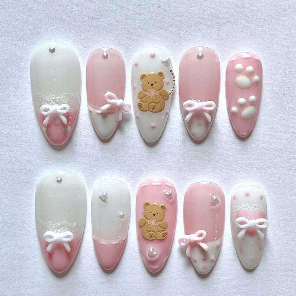 Sweet Dreamy Chic Press On Nail Set Long Almond Pink and White with Adorable Bear and Bow Accents