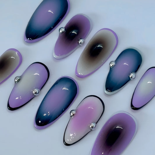 Mystical Elegance Long Almond Gradient Purple and Black Press on Nail Set with Dazzling Silver Accents