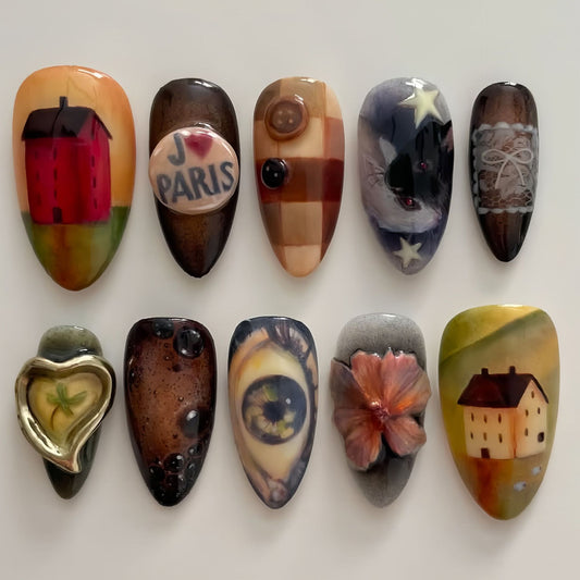 Artistic Escape Colorful Long Almond Shape Unique Hand-Painted Nail Set