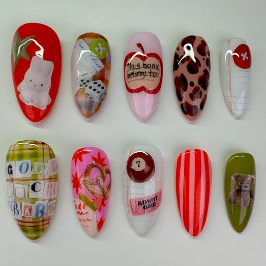 Kawaii Dream Press-On Nail Set Long Almond Red Pink Green with Playful Artistry