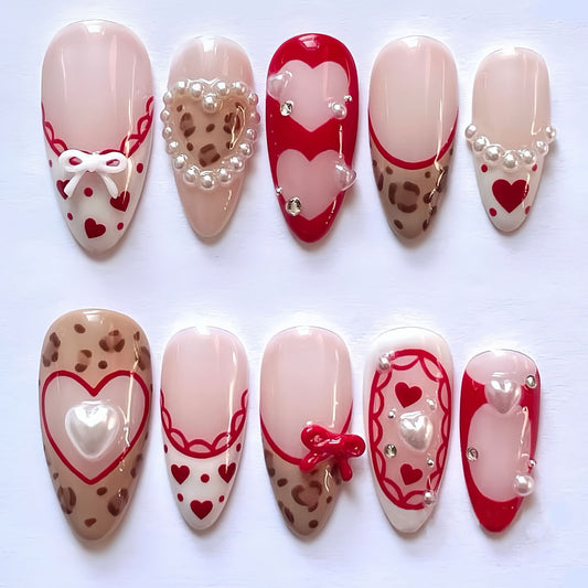 Charming Romance Long Almond Pink with Heart and Pearl Accents Press On Nail Set