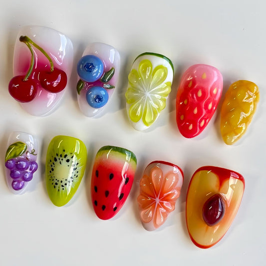 Fruit Fiesta Colorful Short Almond Shape Press On Nail Set with Glossy Fruit Decorations
