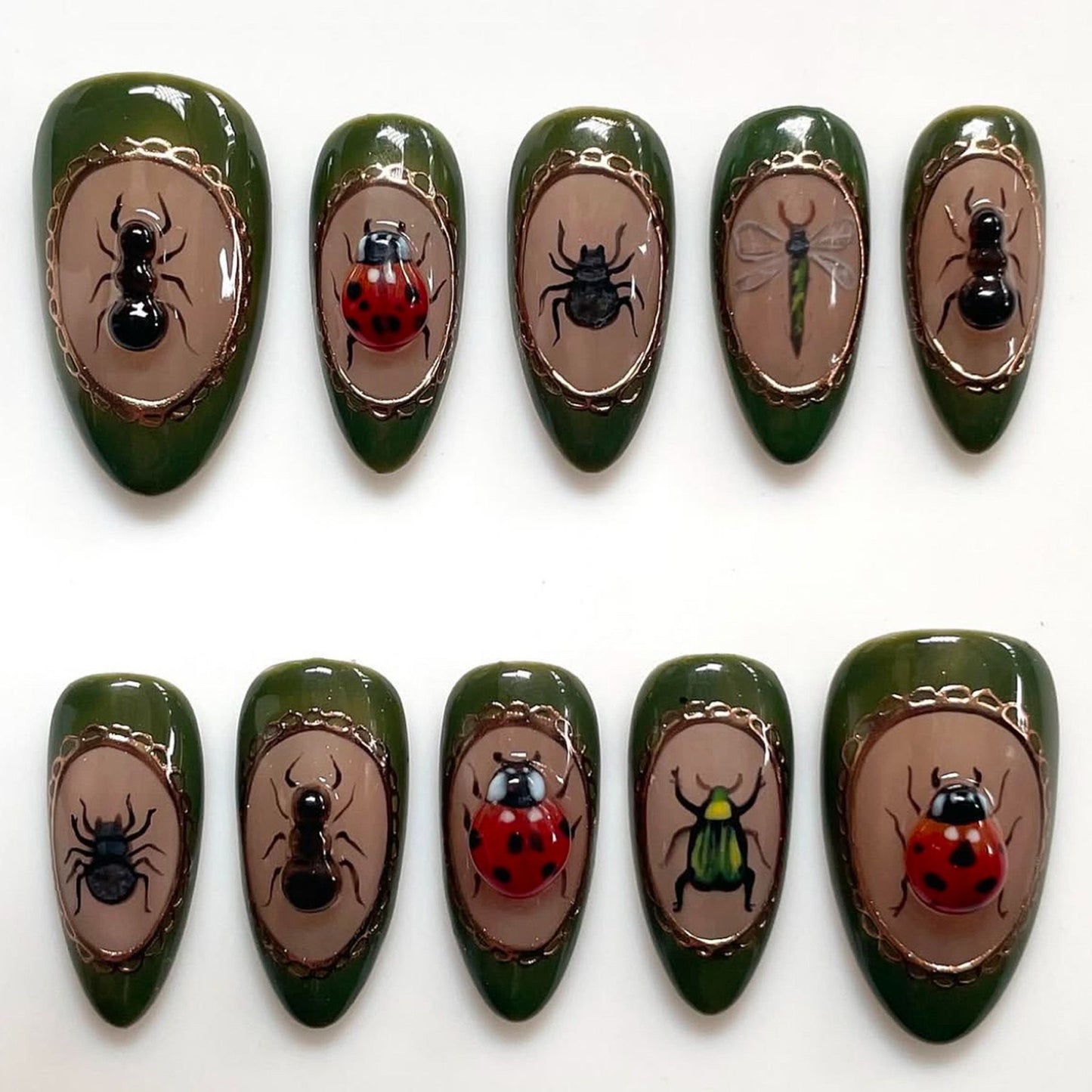 Nature's Charm Elegant Medium Almond Green Press-On Nail Set with Artistic Insect Designs