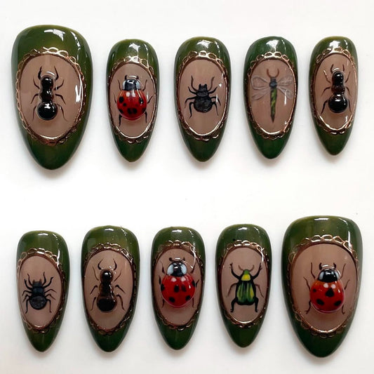 Nature's Charm Elegant Medium Almond Green Press-On Nail Set with Artistic Insect Designs