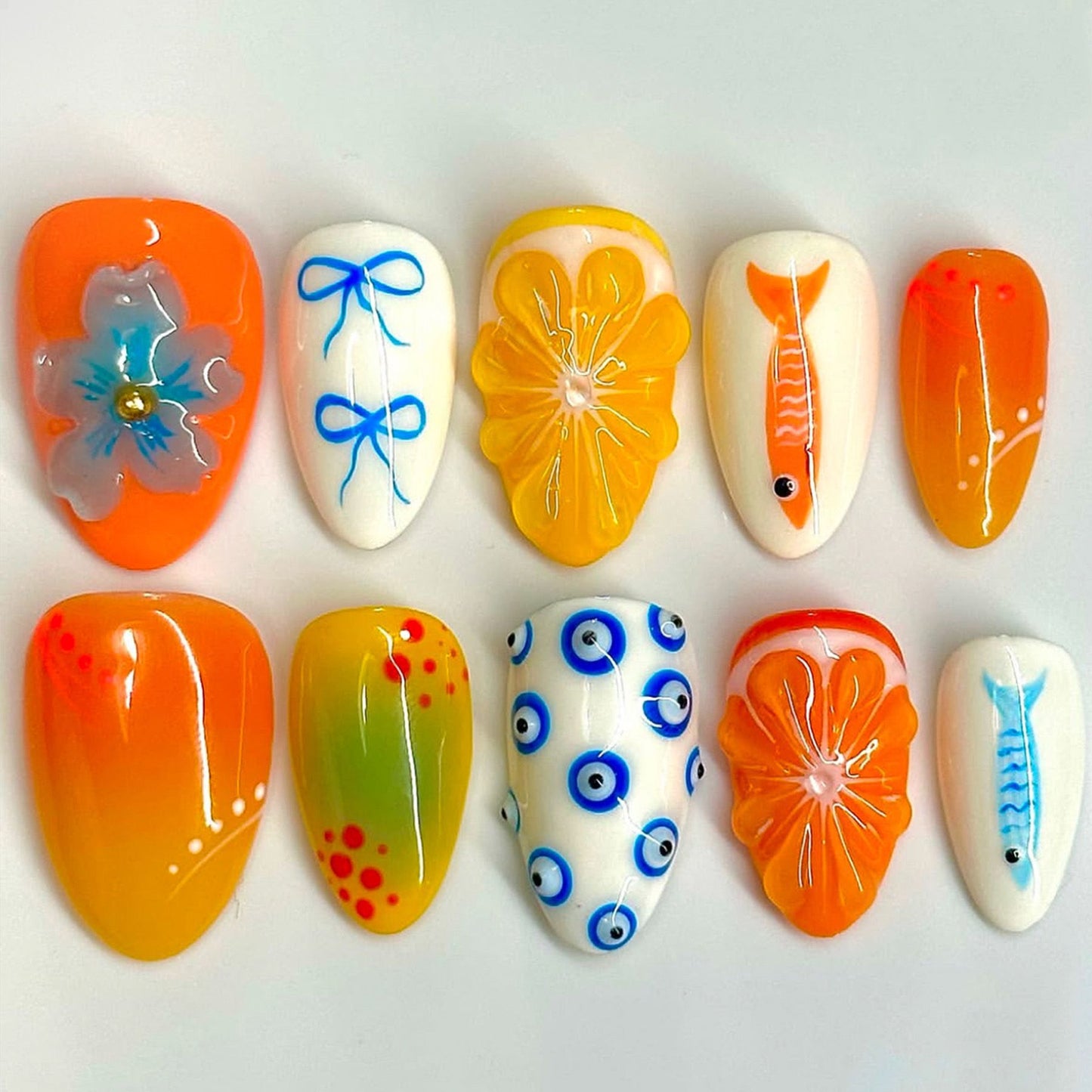 Tropical Paradise Short Almond Ombre Orange and Yellow Press-On Nail Set with Floral and Fish Designs