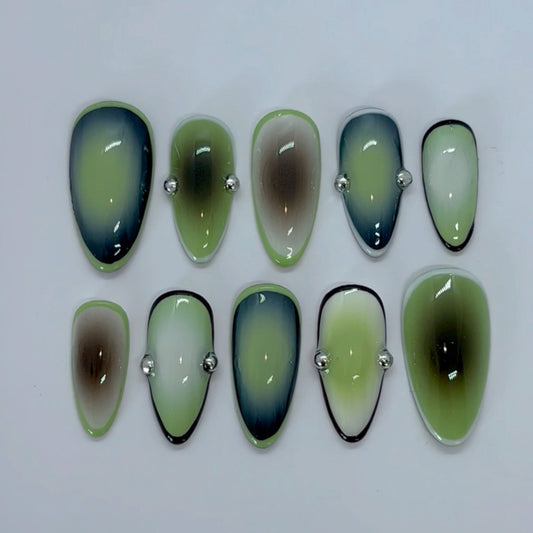 Whimsical Green Gemstone Long Almond Press On Nail Set with Gradient Design